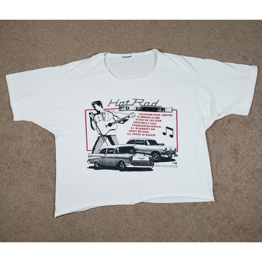 Vintage 90s Hot Rod Dinner Graphic T-Shirt Cut-off Funny Menu Mix Elvis Songs
